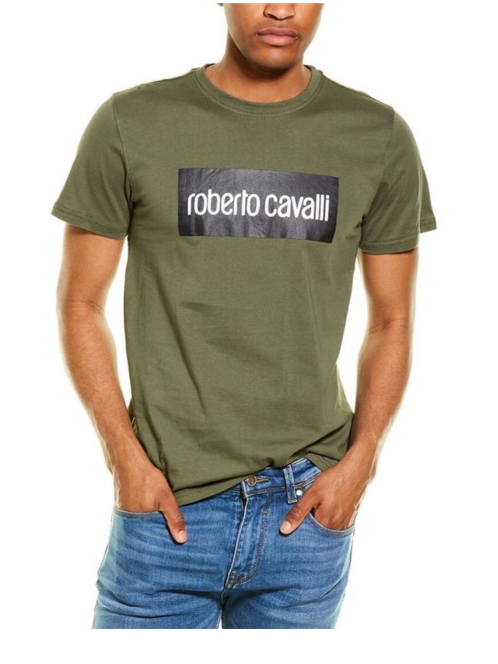 Roberto Cavalli Men’s Olive Green Box Logo Fitted T-Shirt Size M